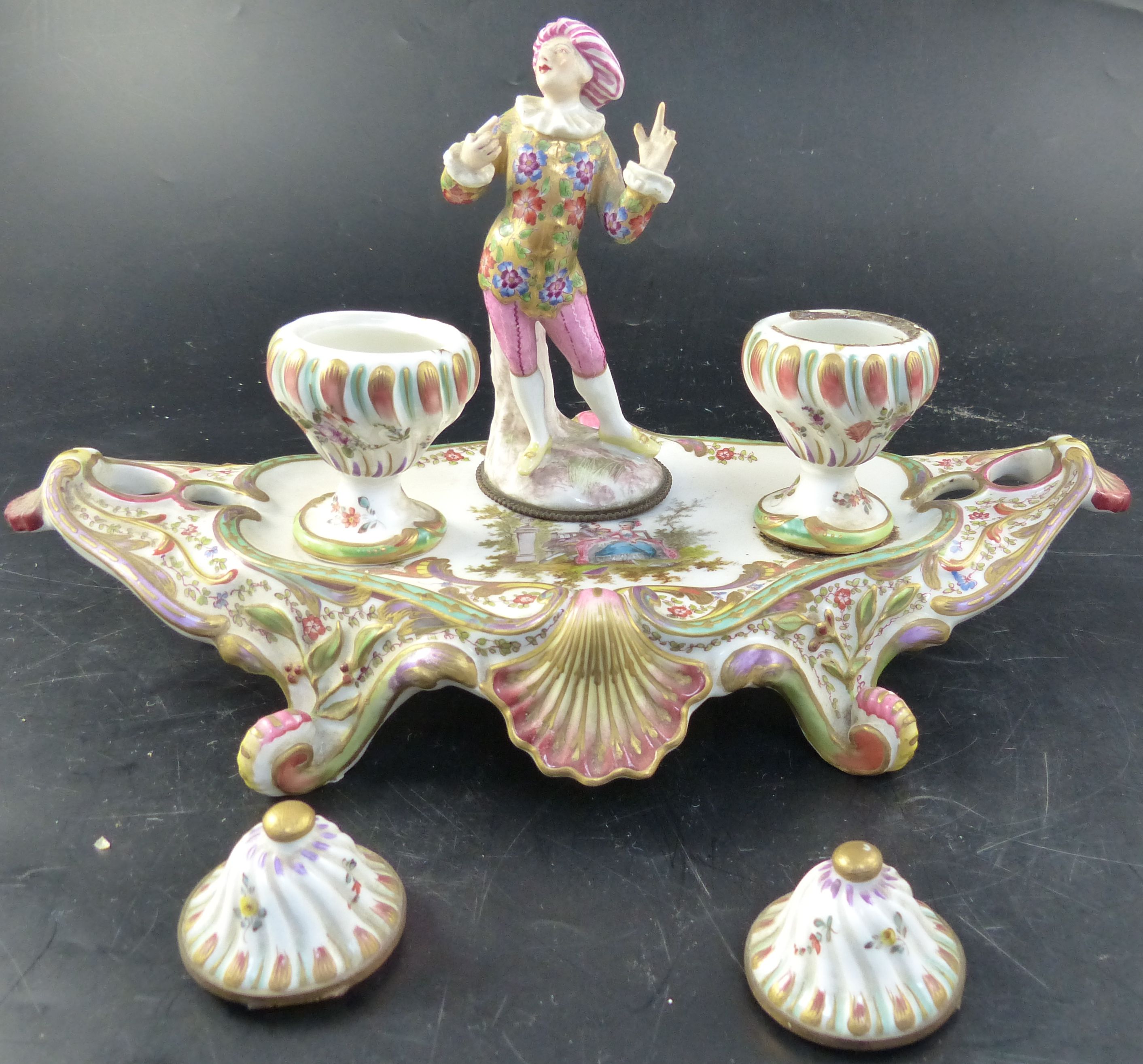 A late 19th / early 20th century Vienna porcelain inkstand, width 33cm height 18cm
